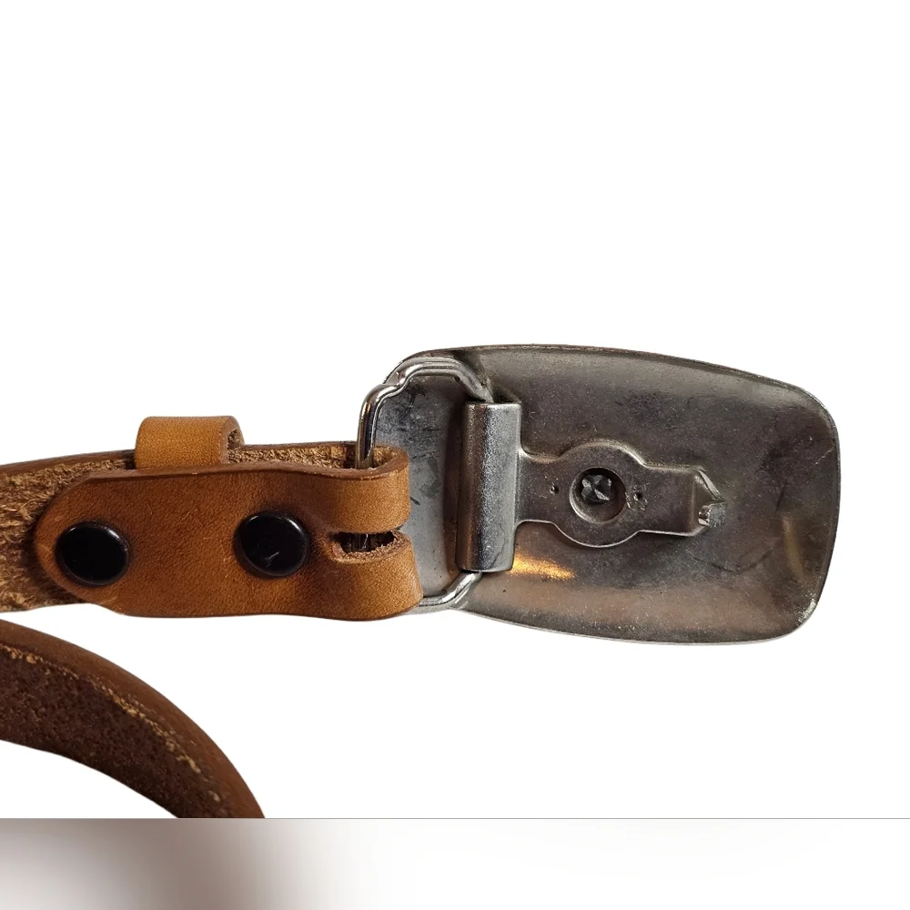 Vtg Brown Leather Tooled Belt  Silver-toned Horse Buckle Youth Child Equestrian